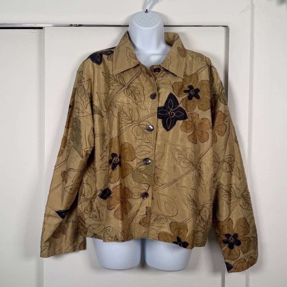 Chicos Design Womens Gold Silk Embroidered Floral Button Front Jacket Size 3